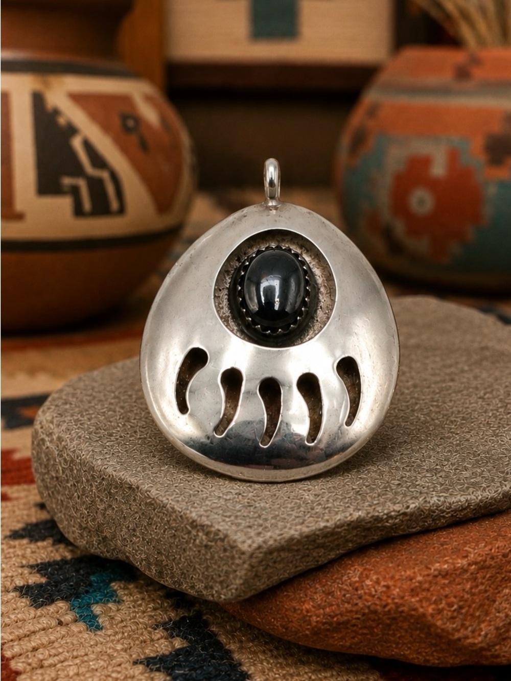 Vintage Signed Native American Navajo Sterling Silver Hematite Bear Paw Pendant
